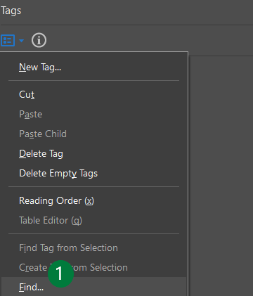 Find tool in the Tags menu of Adobe Acrobat DC Pro