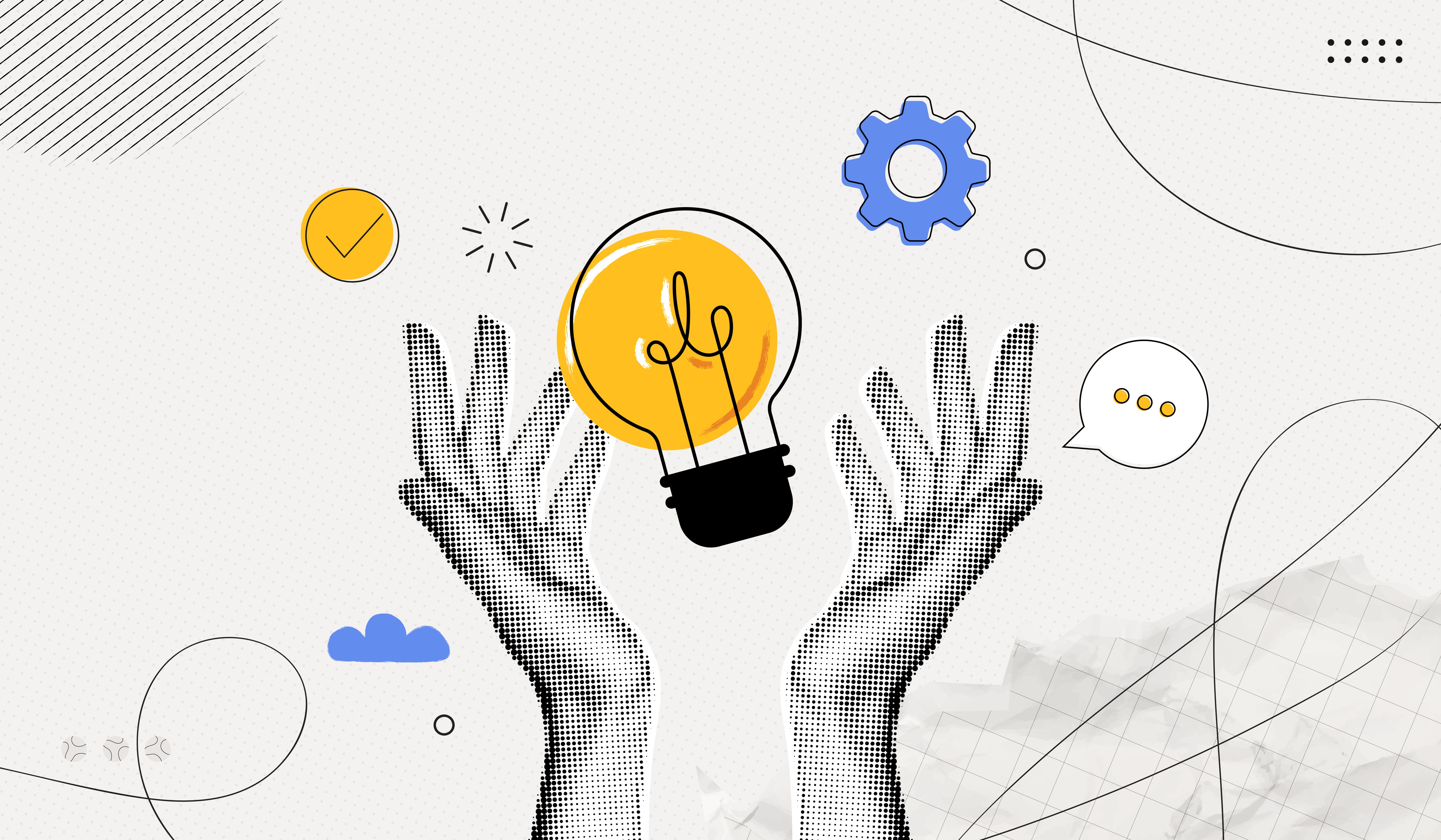 hands offering up a lightbulb with a gear and cloud icons around it