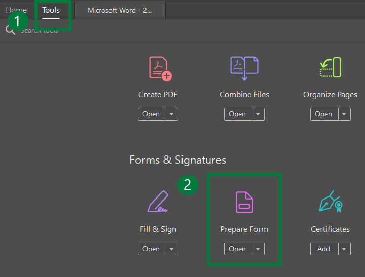Screenshot of Prepare Forms icon in Adobe Acrobat Pro DC