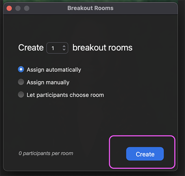 screenshot of the breakout room creation window in zoom, with a box around the Create button