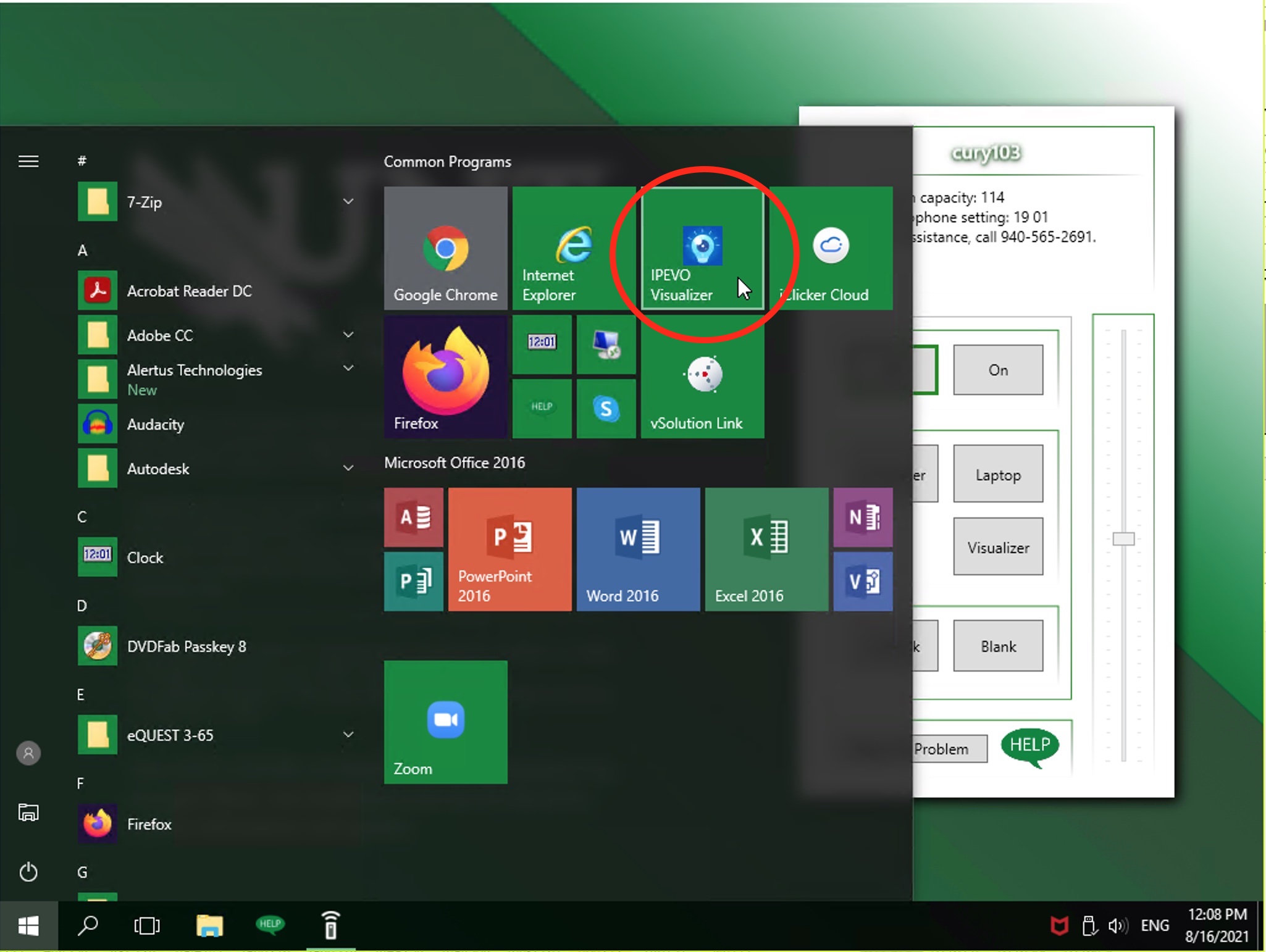 Windows start menu with the IPEVO application circled in red