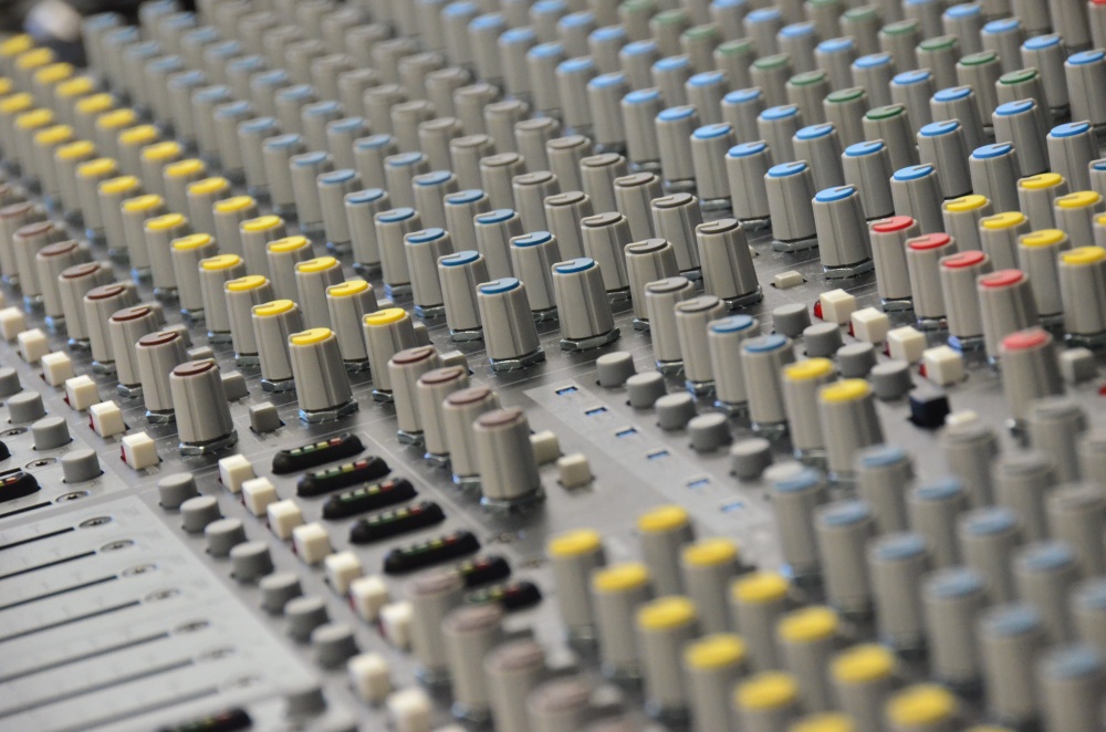 Close-up of an audio mixer board