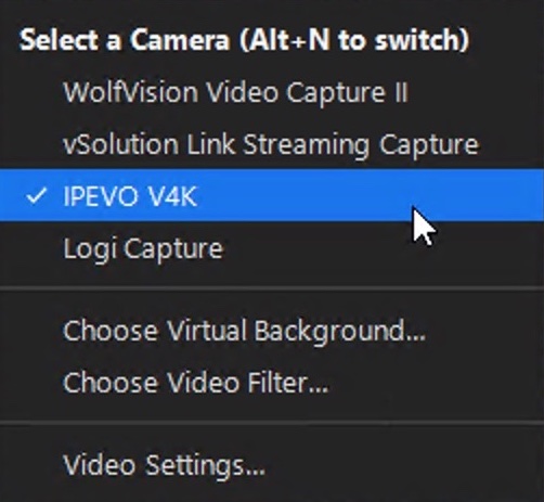 Screen capture of Zoom video options with IPEVO V4K selected