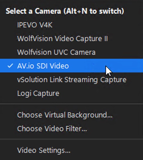 Screenshot of Zoom audio options with AV.io SDI selected