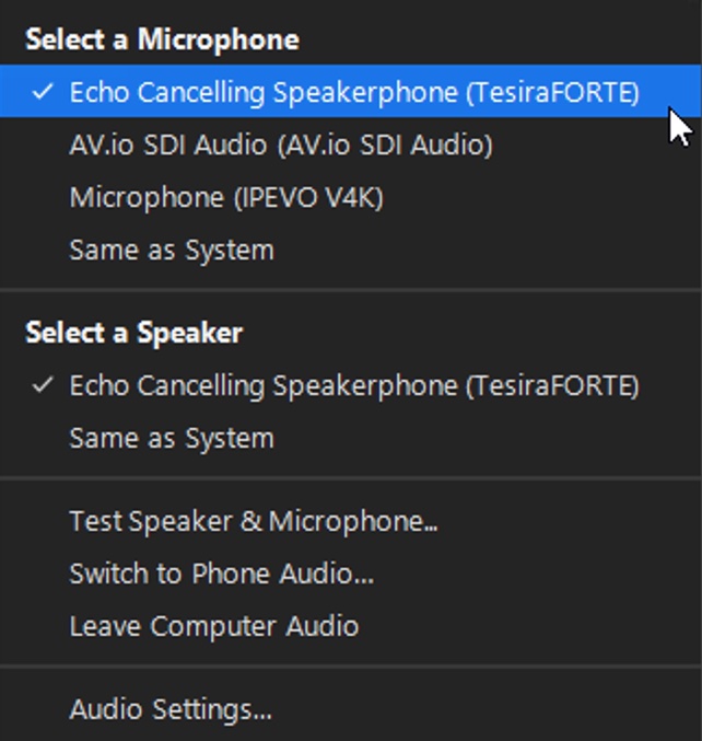 Screenshot of Zoom audio options with Echo Cancelling Speakerphone selected