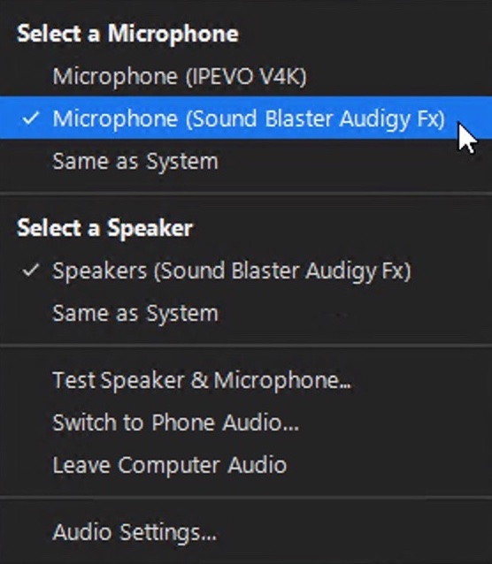 Screenshot of Zoom sound selection with Microphone Sound Blaster Audigy FX selected